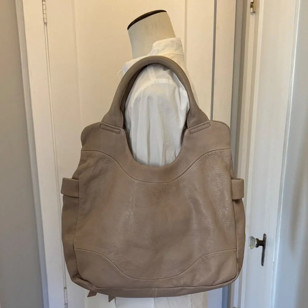 Foley + Corinna Jet Setter Taupe Leather Shoulder Bag With Front Zipper Pocket